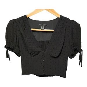 Forever 21 Cropped Babydoll Top Womens Size Medium Black Swiss Dot Coquette